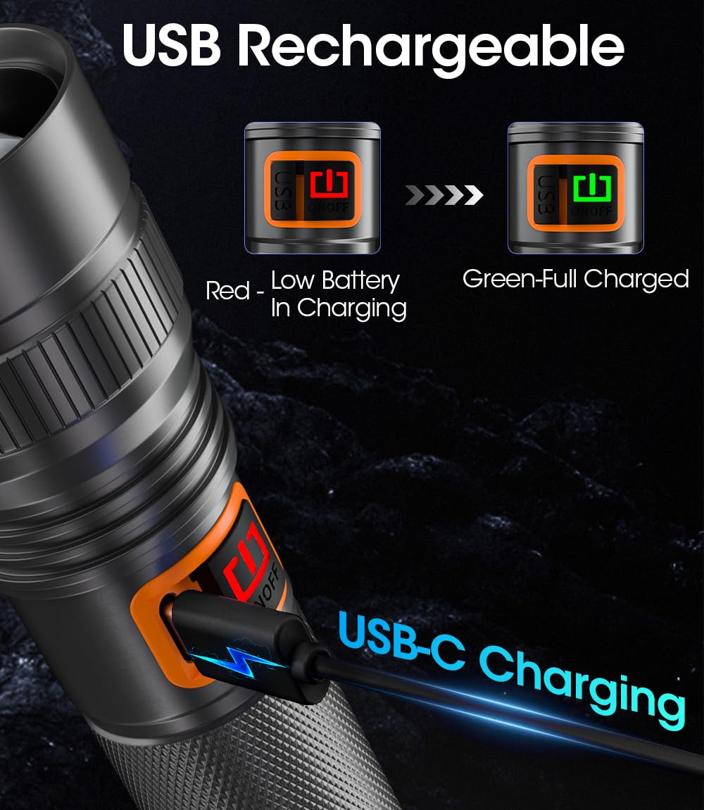 Annteneo Rechargeable Flashlights 10000 High Lumens, Super Bright Small Spotlight Led Flash Light Long Throw Pocket Utility Flashlight Zoomable Waterproof For Camping, Home, Walking Dog(Battery Included)