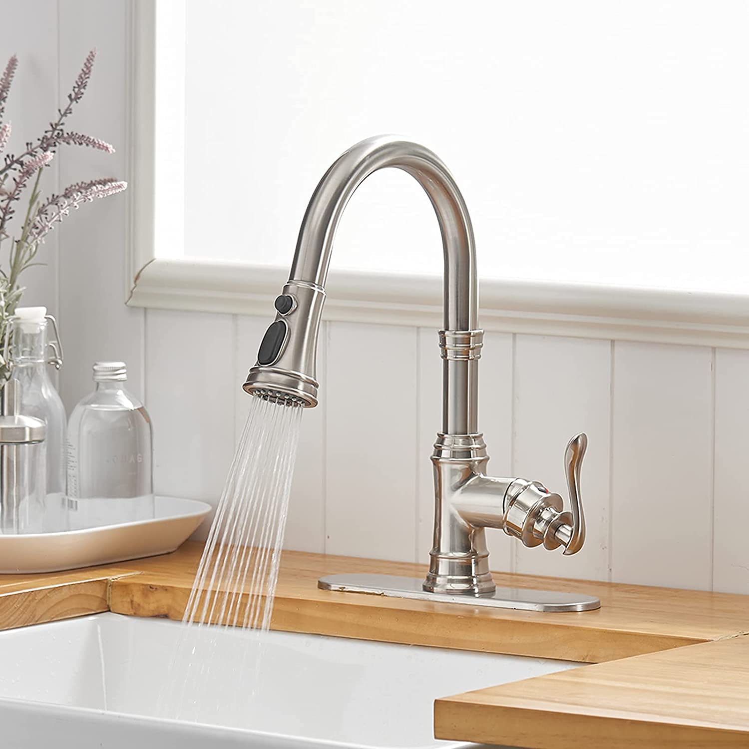 Bathfinesse Kitchen Sink Faucet Brushed Nickel With Pull Down Sprayer 3 Mode Faucet For Kitchen Sink Single Handle High Arc Commercial Stainless Steel Pull Out Rv Kitchen Faucet Bar,Deck Plate Include