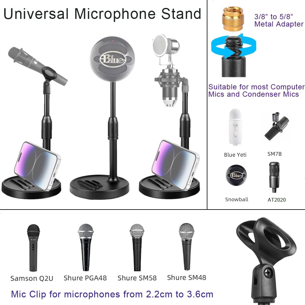 Etubby [3-In-1] Desktop Microphone Stand With Phone Holder, Adjustable Desk Table Mic Stand Webcam Stand Phone Stand With Mic Clip, Phone Clip, 3/8" To 5/8" Metal Adapter, Tripod Head