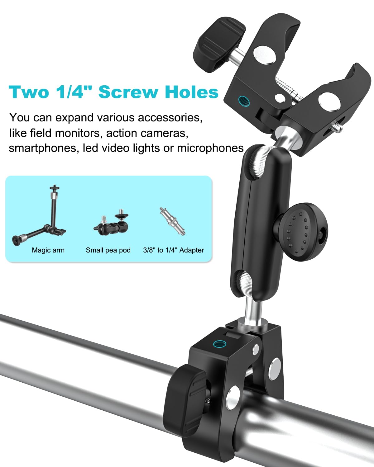 Dosvsi Double Super Clamp Camera Mount, [With 1/4" Screw Holes] Metal Adjustable Dual-Heads Clip With Magic Arm, Heavy Duty Pole Clamp Holder For Photography/Light Stand/Tripod/Studio/Selfie Stick