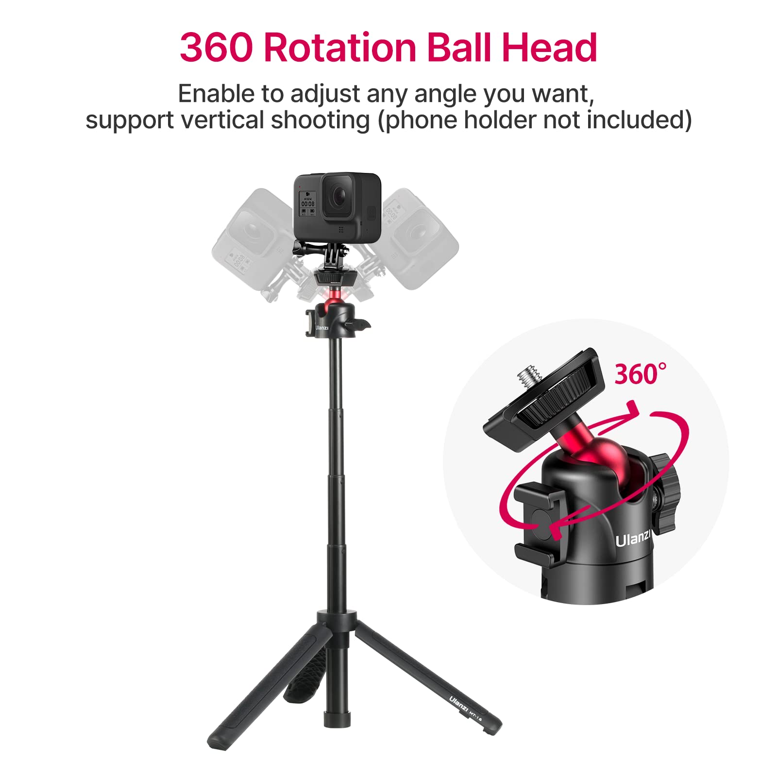 Ulanzi Select Mt-16 Extendable Mini Camera Tripod, 4 Levels Adjustment 360° Ball Head Cold Shoe Lightweight Portable Vlog Travel Selfie Stick Handle Grip Desktop Webcam Tripod For Dslr Action Camera