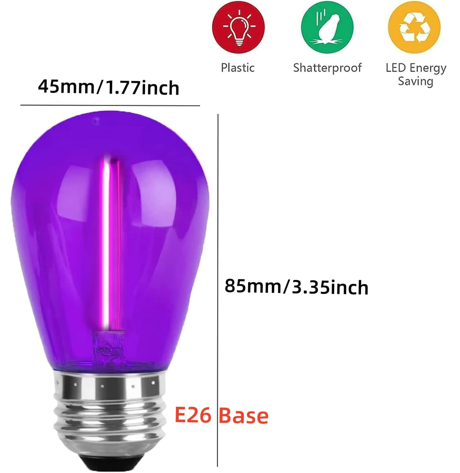 Minsily Sxminer 15 Pcs Led Purple S14 Bulbs Christmas Replacement Bulb 1W Led String Light Bulb E26 Base Edison Bulbs Plastic Shatterproof Decorative Bulbs For Outdoor String Lights Home Patio Decor(Purple)