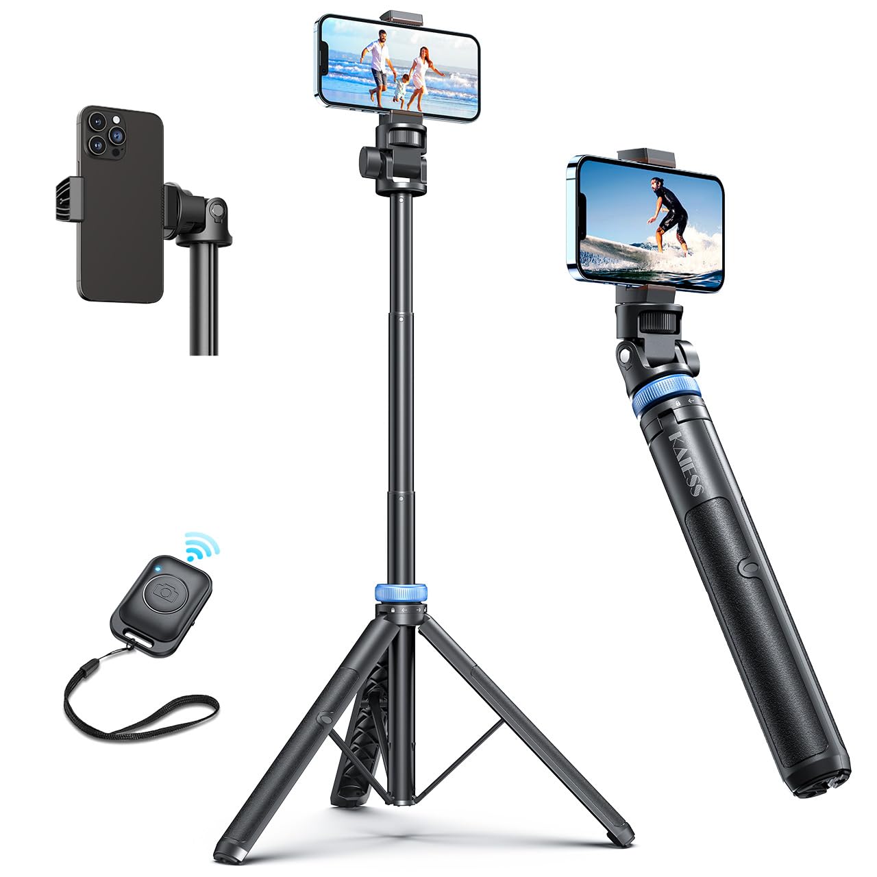Kaiess 62" Phone Tripod & Selfie Stick, Extendable Cell Phone Tripod Stand With Wireless Remote, Solidest, Portable, Lightweight, Compatible With Iphone/Android Phone