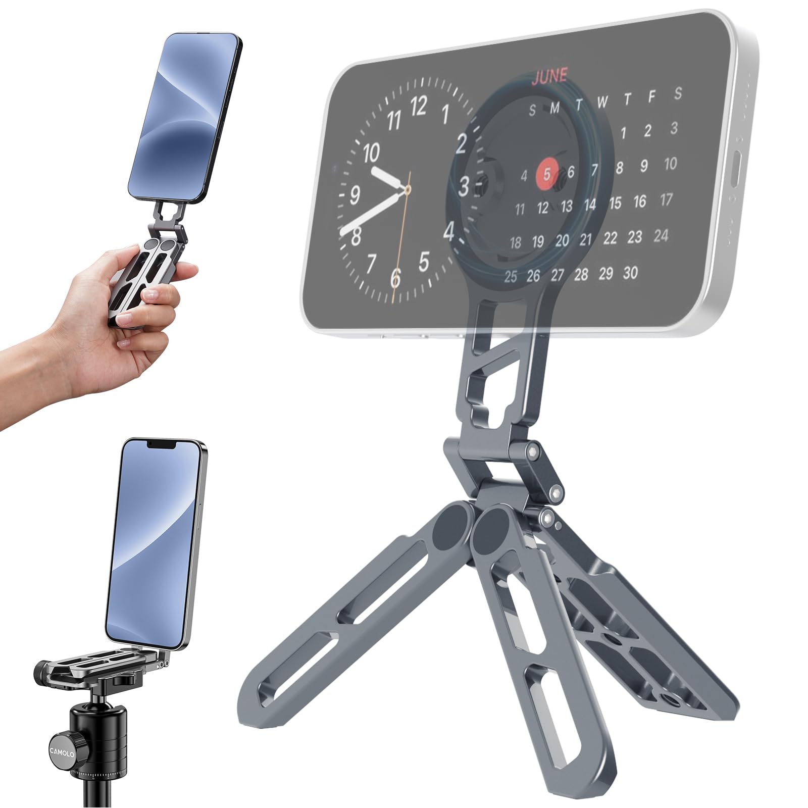 Camolo Geek Magnetic Pocket Phone Tripod Foldable Compatible With Magsafe For Iphone 15/14/13/12 Plus Pro Max Series, Mini Cell Phone Tripod Mount Handle Smartphone Desk Stand Travel All In One