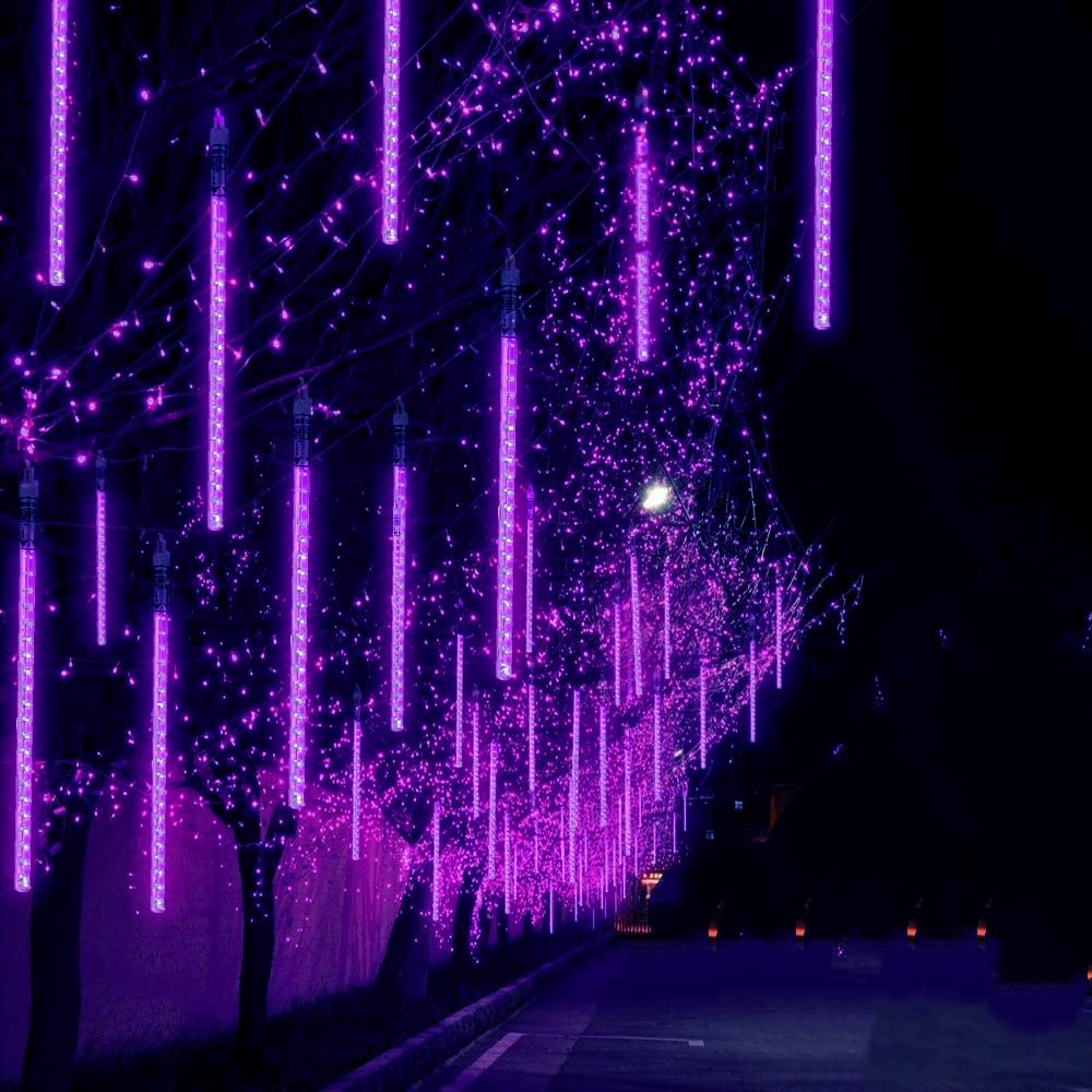 Qitong 2 Pack Extendable Christmas Meteor Shower Lights, Purple Christmas Lights Outdoor, 16 Tubes 384 Leds Plug In String Lights For Christmas Tree Holiday Party