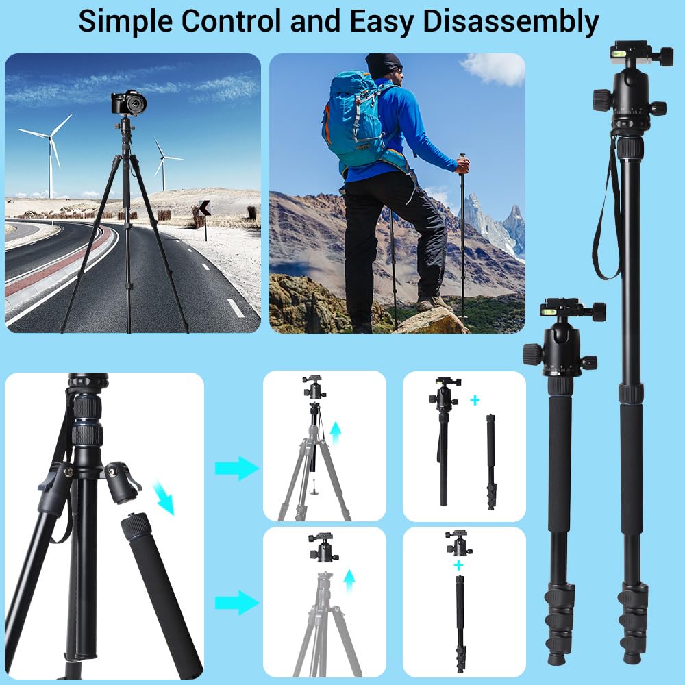 Jafuqaw 71" Camera Lightweight Foldable Aluminum Tripod & Monopod With 360° Ball Head Payload 33Lbs, Adjustable Height Professional Travel Tripod For Dslr Camera Shooting Smartphone