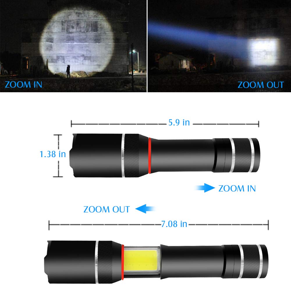 Decaker 2 Pcs Led Flashlight 5000 Lux Cob Lantern+ Flashlight In-1With Zoom Led Flashlight Lantern