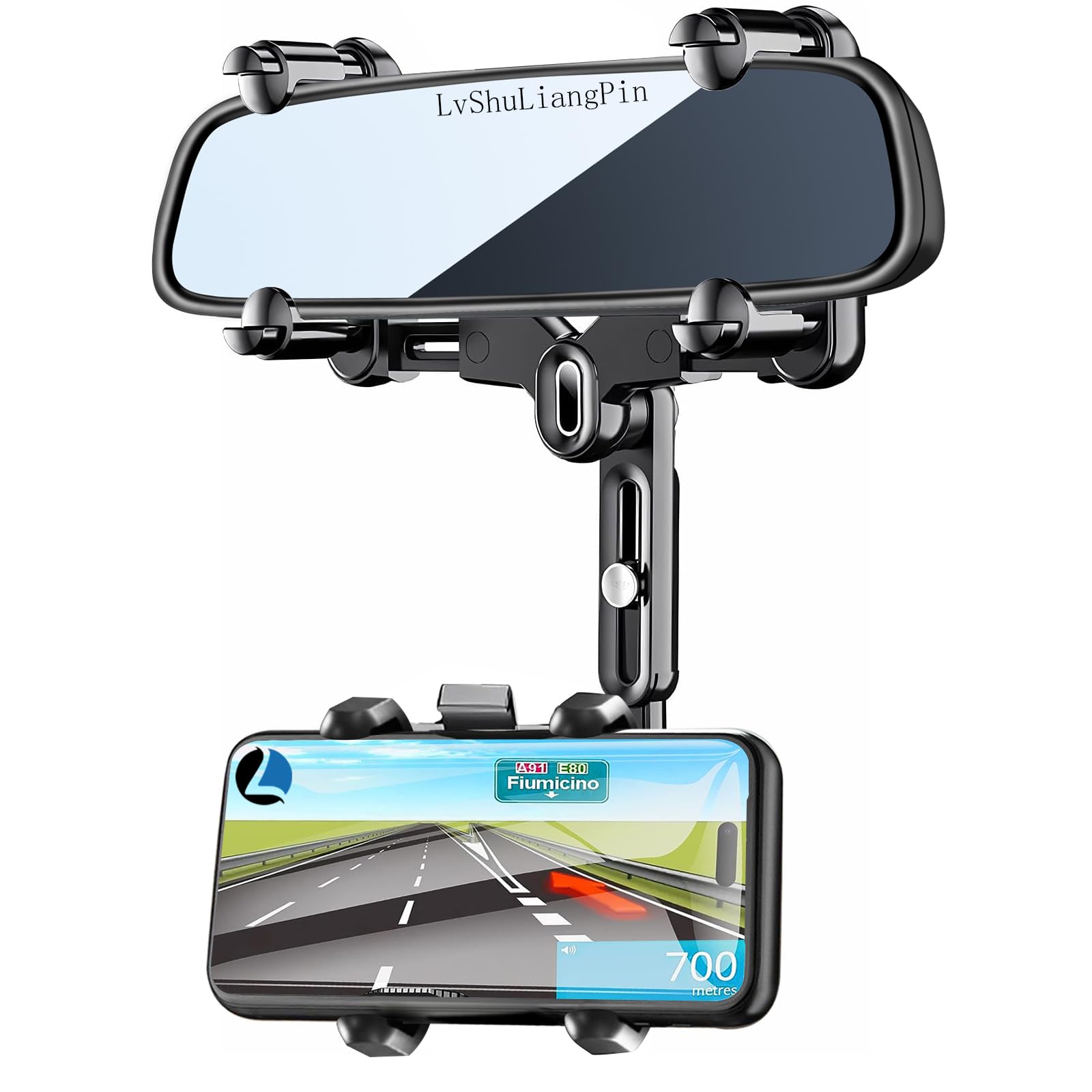 Lvshuliangpin Rearview Mirror Phone Holder For Car, 360° Rotating Rear View Mount With Adjustable Arm Length,  Four Corners Fixed Anti-Shake Multifunctional Design For All Smartphones