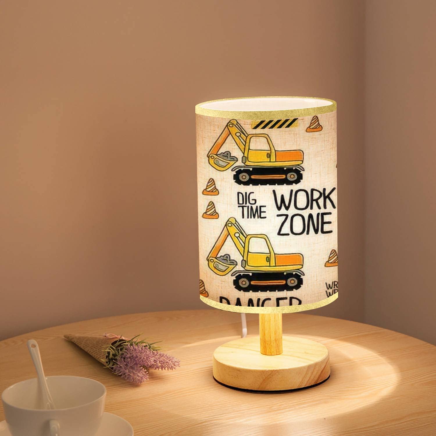 Rainfallaring Minimalist Bedside Table Lamp Seamless Pattern With Hand Drawn Construction Machines Kids Solid Wood Nightstand Lamp Bedside Desk Lamp Wood Base Flaxen Fabric Shade For Bedroom Living Room