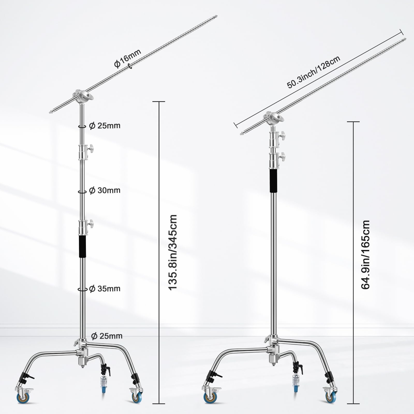 Soonpho Heavy Duty C Stand 11.3Ft/345Cm Light Stand With 4.2Ft/128Cm Boom Arm Wheels Sturdy Stainless Steel Century Stand For Photography Studio Video Reflector, Umbrella, Softbox And Monolight
