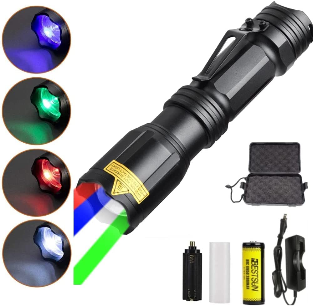 Junchi 4 Color In 1 Multicolor Flashlight Rechargeable 150000 Lumens Red White Blue Green Multi-Color Rgbw Led Flashlights Zoomable Waterproof Utility Flash Light For Night Vision Fishing Astronomy