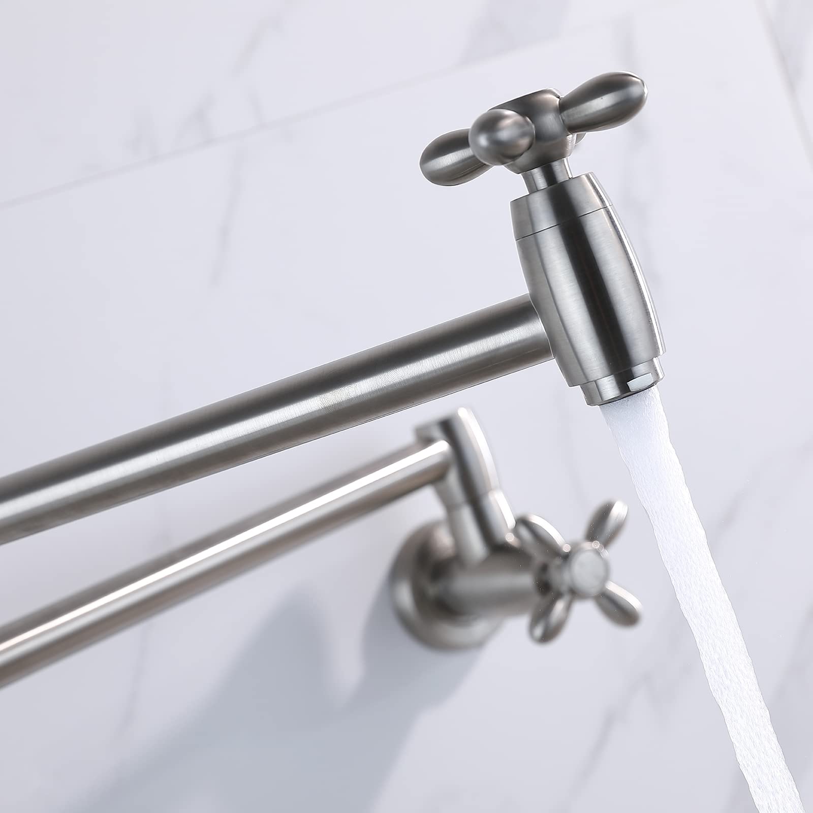 Kruzoo Pot Filler Brushed Nickel Kitchen Faucet Solid Brass Folding Wall Mount Stretchable Double Joint Swing Arm Single Hole 2 Handles Extending Arm，Pf02Bn