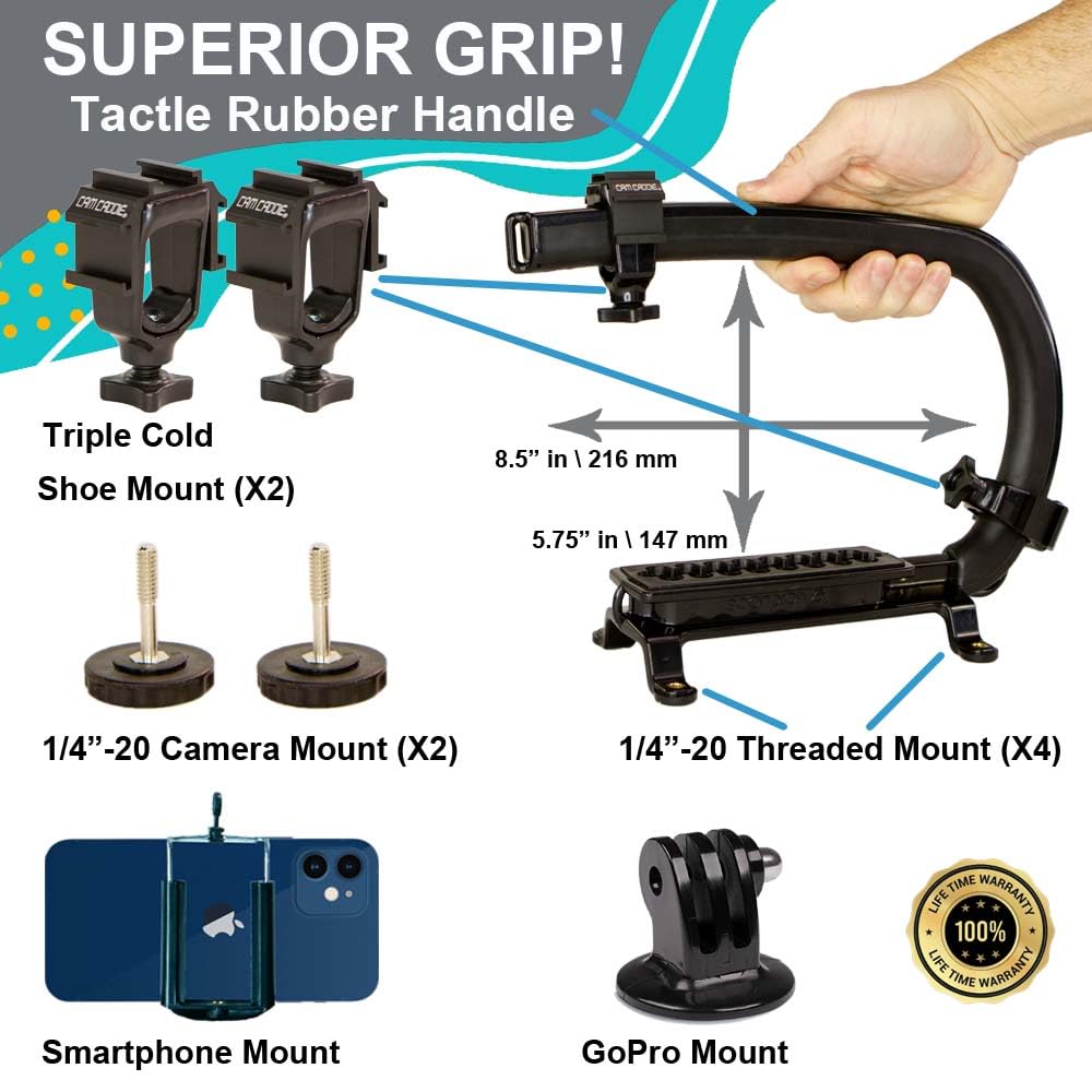 Cam Caddie Scorpion Ex Video Action Stabilizing Rig Handle Grip Handheld Stabilizer With Hot-Shoe Mount For Canon Nikon Sony Panasonic Dslr & Mirrorless Camera Camcorder (Triple Cold Shoe (X2))