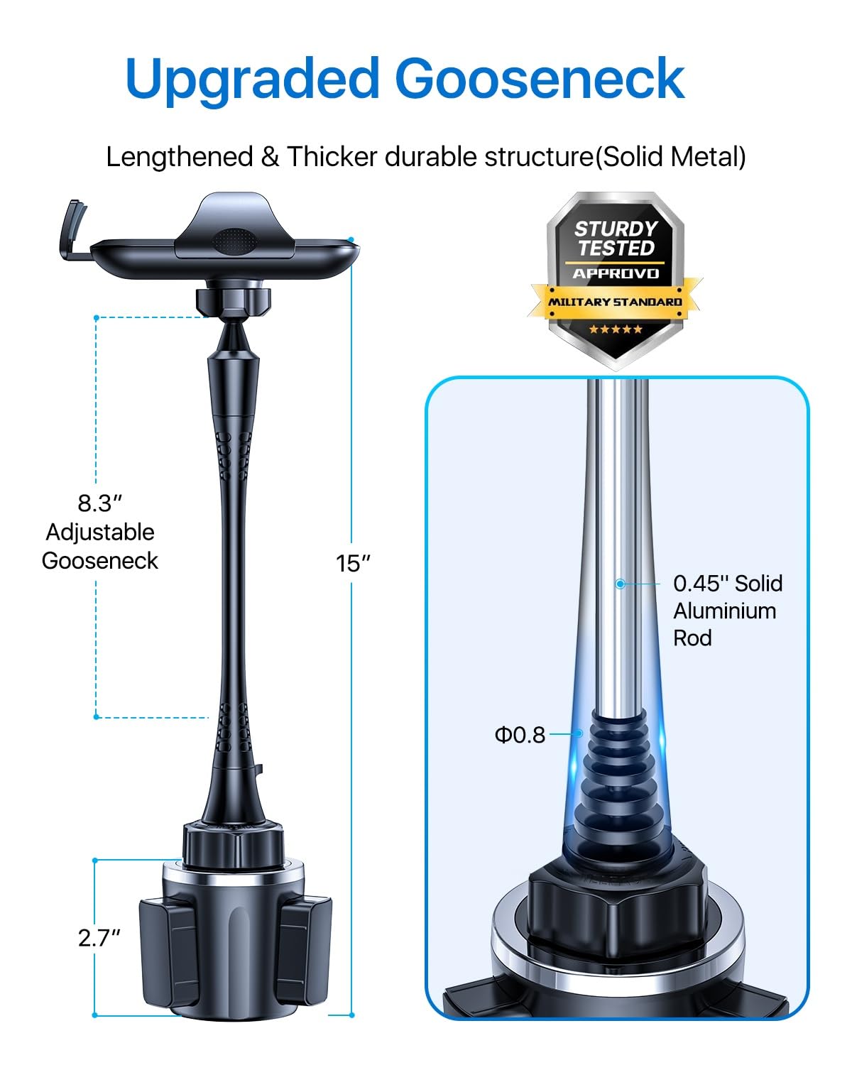 Danmus  Car Cup Holder Phone Mount With Extendable Base, [15-In Adjustable Long Gooseneck] [Military-Grade] Car Truck Mount Compatible With Iphone 15 14 13 12 Pro Max Samsung S23 All