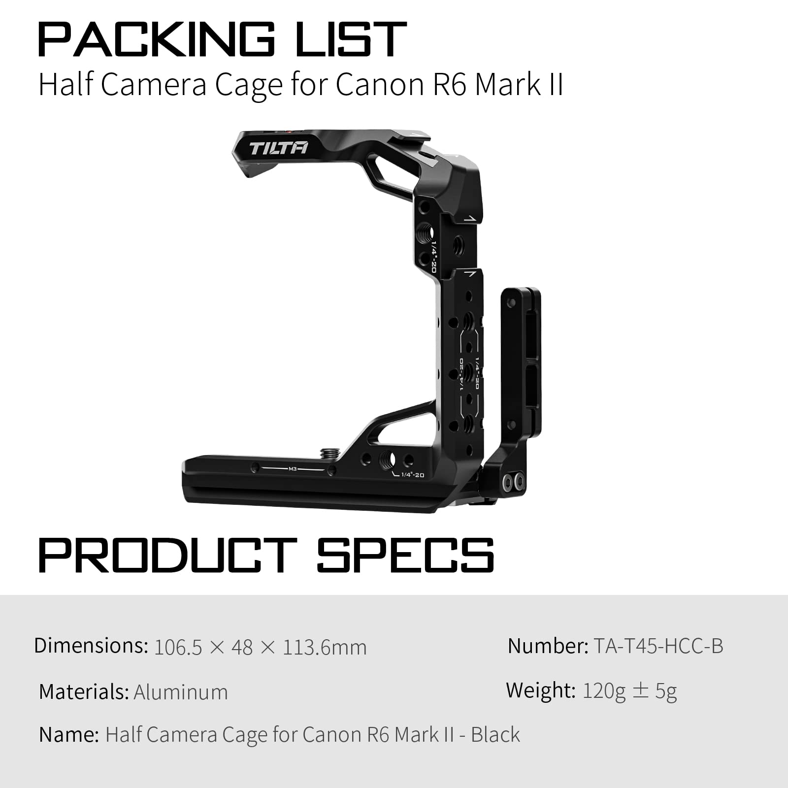Tilta Half Camera Cage Compatible With Canon R6 Mark Ii, With Mount Accessories Via Nato Rail, Cold Shoe And 1/4"-20 Threads With Locating Pins  Ta-T45-Hcc (Black)