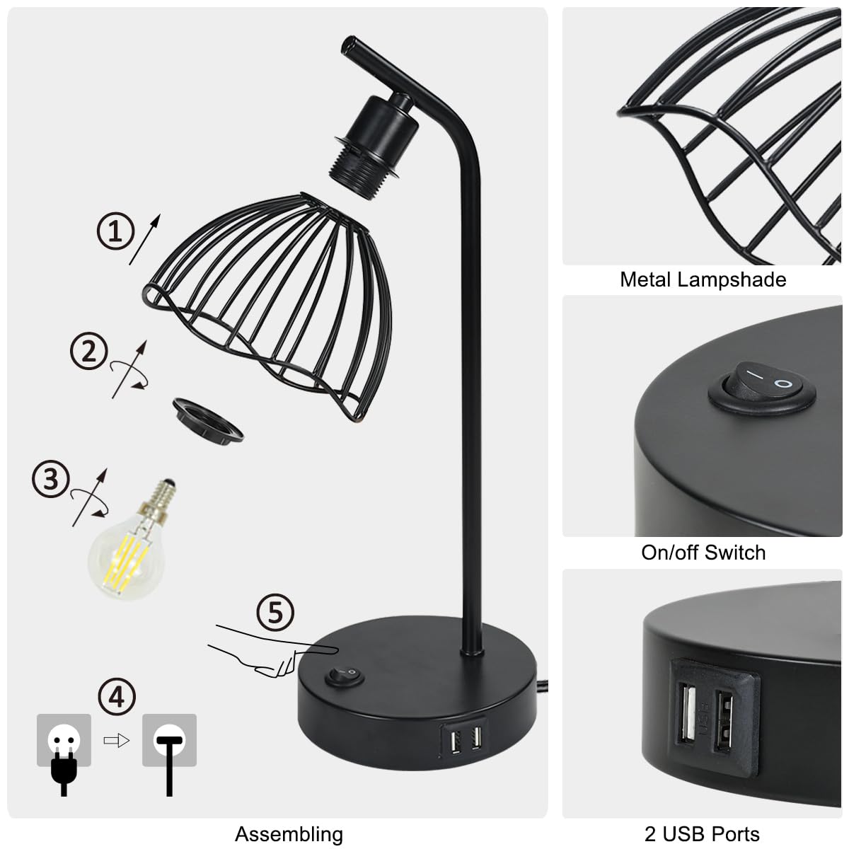 Lampwell Lucia Black Usb Table Lamp With Usb Port Set Of 2,Modern Bedside Night Table Lamp For Living Room Bedroom,8.27×5.51×H15.75In,Bulb Include
