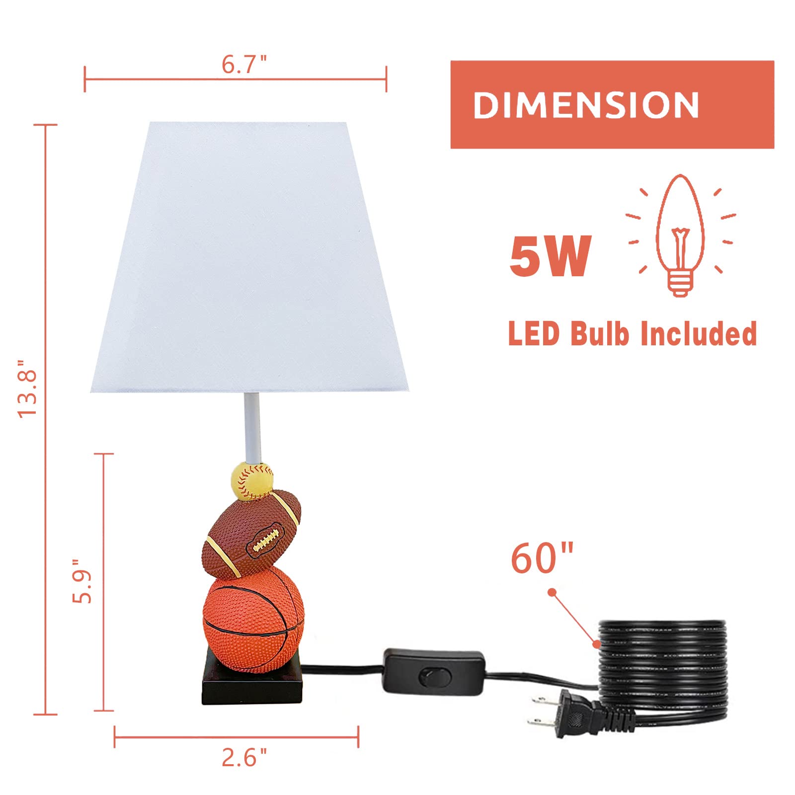 Herbestbay Kids Table Lamp, 14 Inch Football, Basketball & Baseball Design With Cute Lampshade, Sports-Themed Lamp Ideal For Children'S Bedroom Decor, Bedside Lamp Includes Led Bulb
