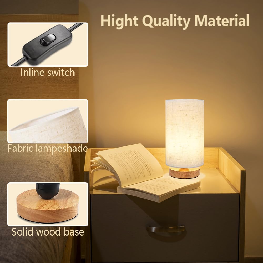 Uchenton Small Bedside Table Lamp For Bedroom, Minimalist Wood Base & Round Fabric Shade, Mini Cute Cozy Warm White Nightstand Boho Lamp, Study Desk Night Stand Light For Room, Dorm, Nursery, Living Room