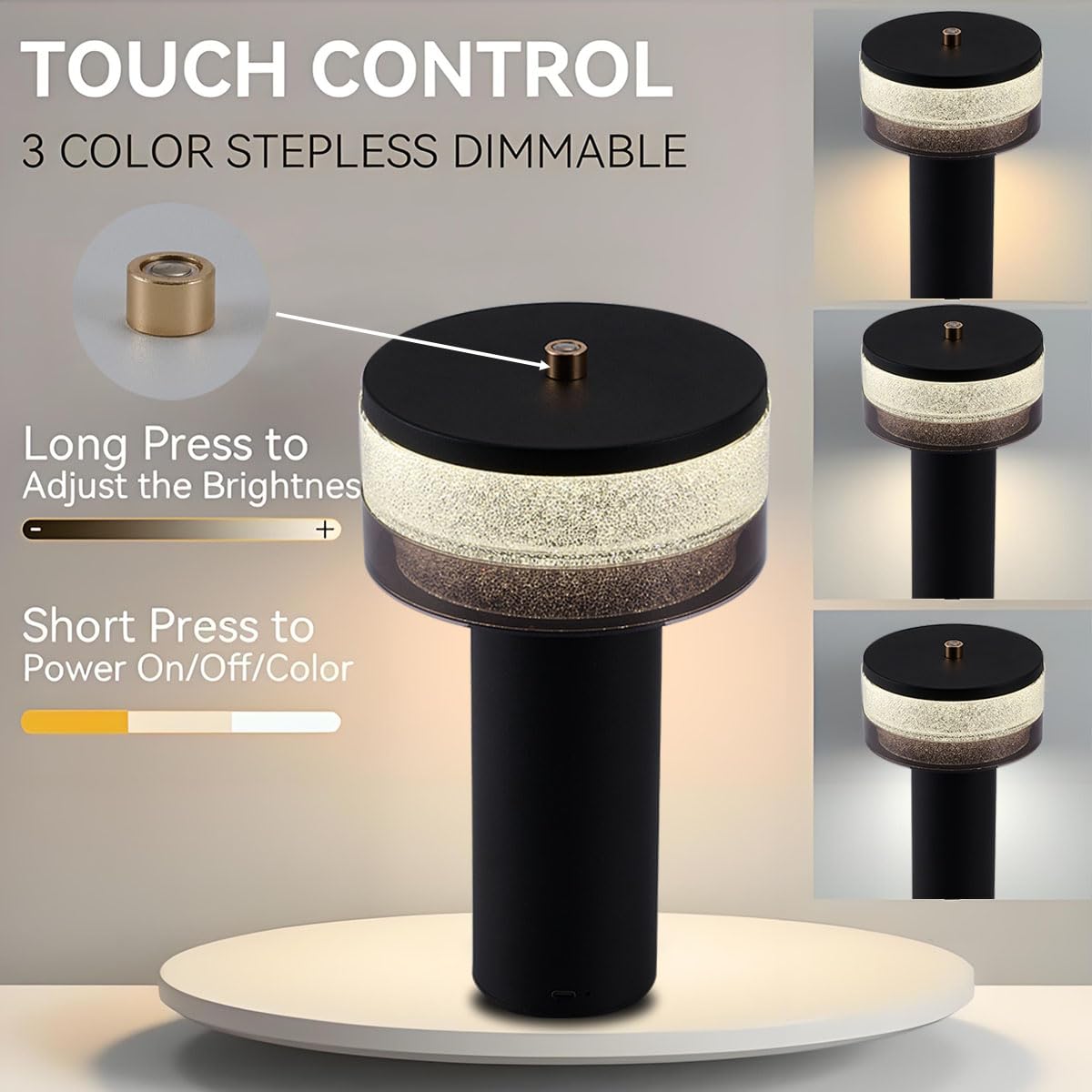 Nathome Portable Rechargeable Crystal Table Lamp - Touch Control, 3 Color & Dimmable, Decorative Ambient Light For Bedside/Living Rooms/Patios/Bars & Cafés/Restaurants (Black, Ambient Light C)
