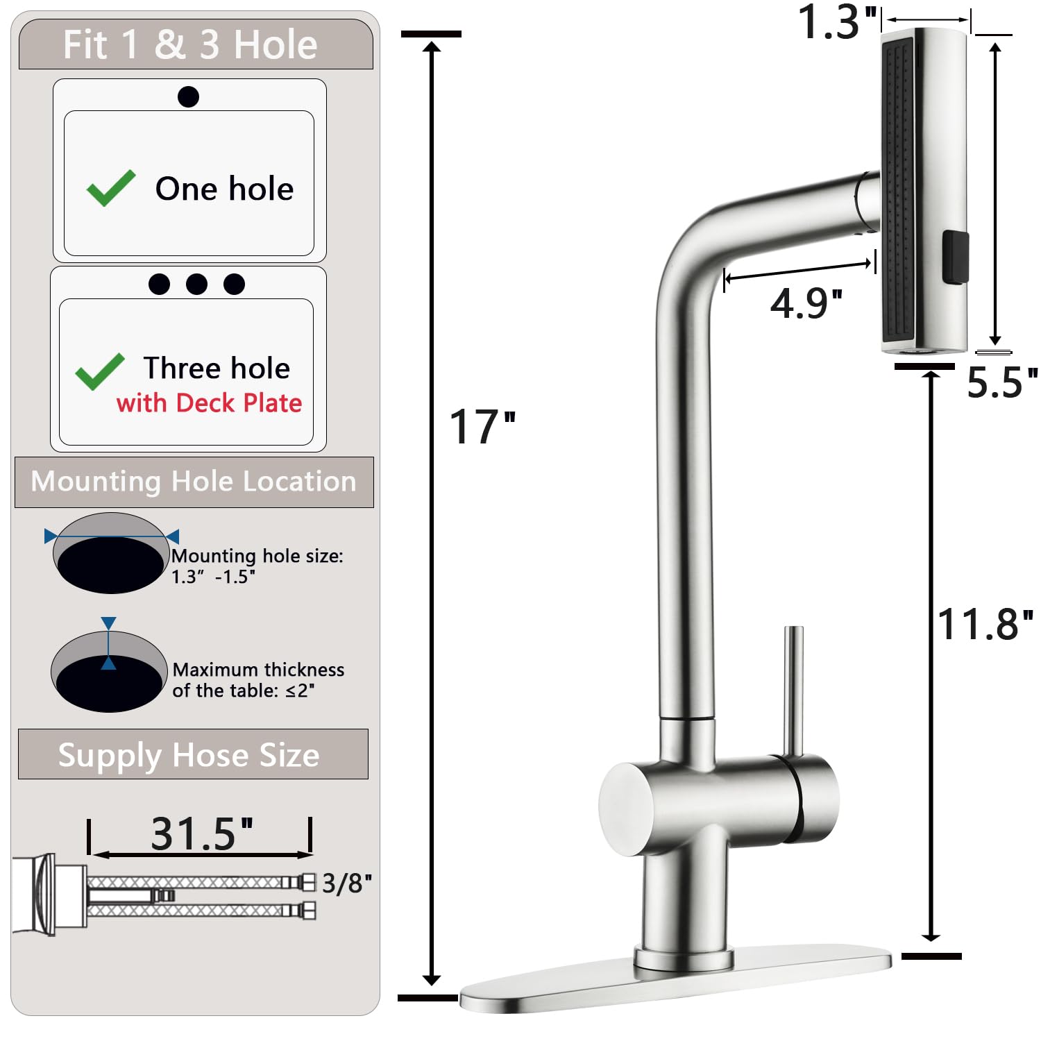 Vsunhoo Brushed Nickel Kitchen Faucets, Kitchen Faucet With Sprayer, Single Handle Pull Out Kitchen Sink Faucet With 3 Modes Sprayer, Commercial Farmhouse Rv Bar Utility Kitchen Faucets Kf034L