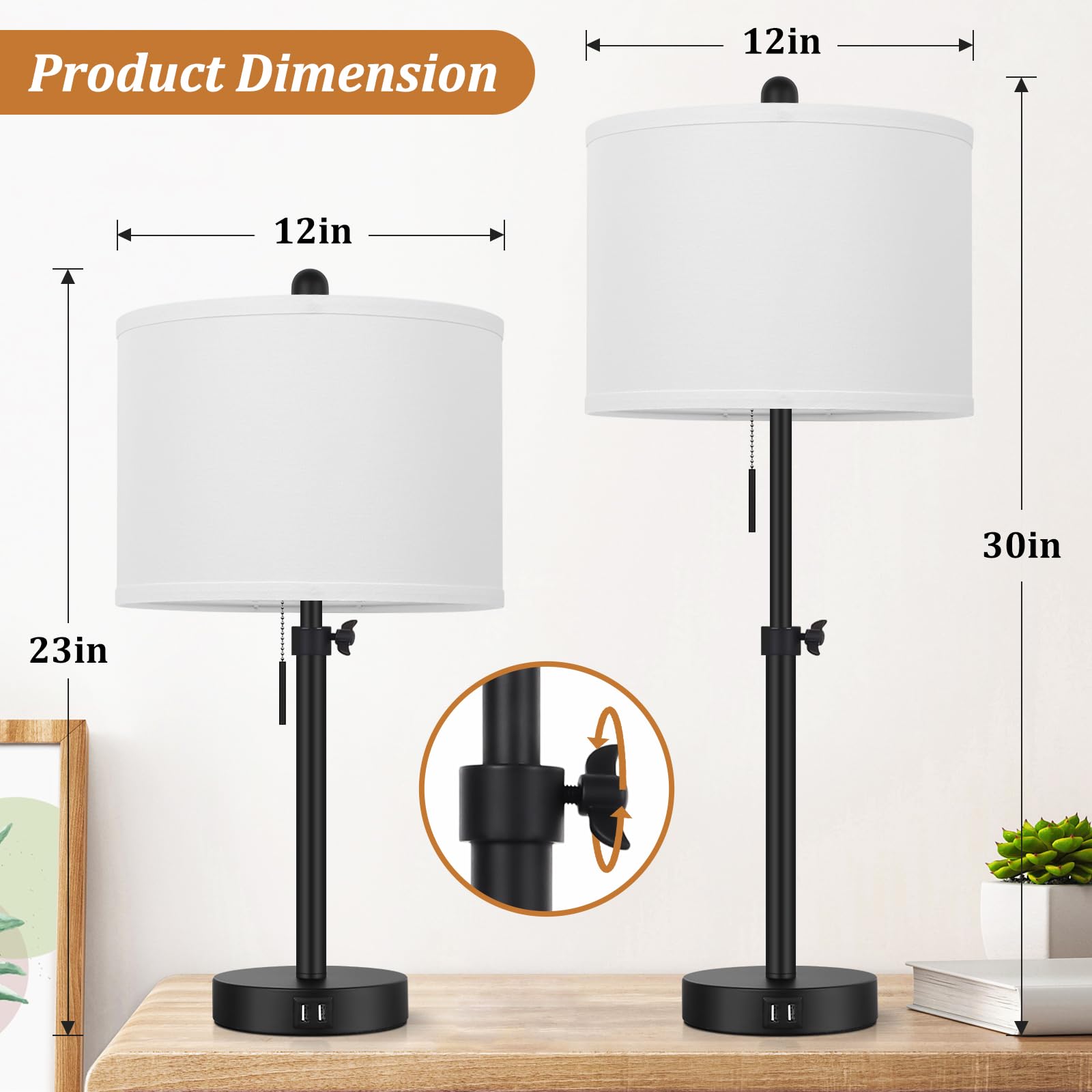 Kondras Table Lamp For Bedroom Set Of 2, 23" To 30" Height Adjustable Bedside Lamp With 2 Usb Ports, Black Nightstand Lamp With White Shade, Modern Pull Chain Table Lamp For Living Room End Table