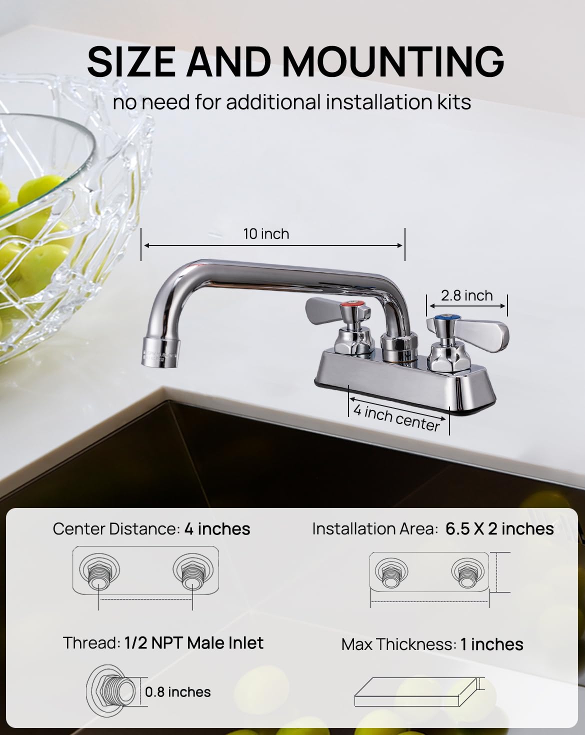 Sepaitek Leak- Commercial Kitchen Sink Faucet 4 Inch Center 2 Hole, Commercial Hand Wash Sink Faucet 10" Spread Spout Deck Mount, Laundry Tub Utility Sink Bar, Brass