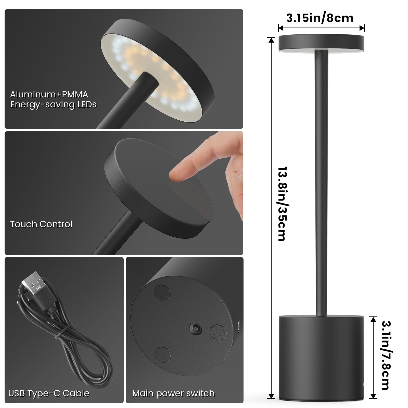 Cayyaaw 2 Pack Cordless Table Lamps, Rechargeable Led Desk Lamp, 3-Color Stepless Touch Dimmable, 13.8 Inch Tall Portable Nightlight For Outdoor Patio Bedside Bar Restaurant, Black