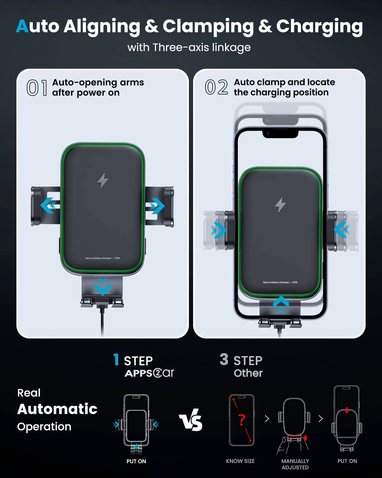 Apps2Car Dual Coil Wireless Car Charger Auto Clamping 15W Cup Holder Phone Wireless Charger Mount Fast Charge Tri-Pivots Height Adjustable Phone Holder Car Truck For Iphone 16 15 14 13 Samsung Lg Etc.