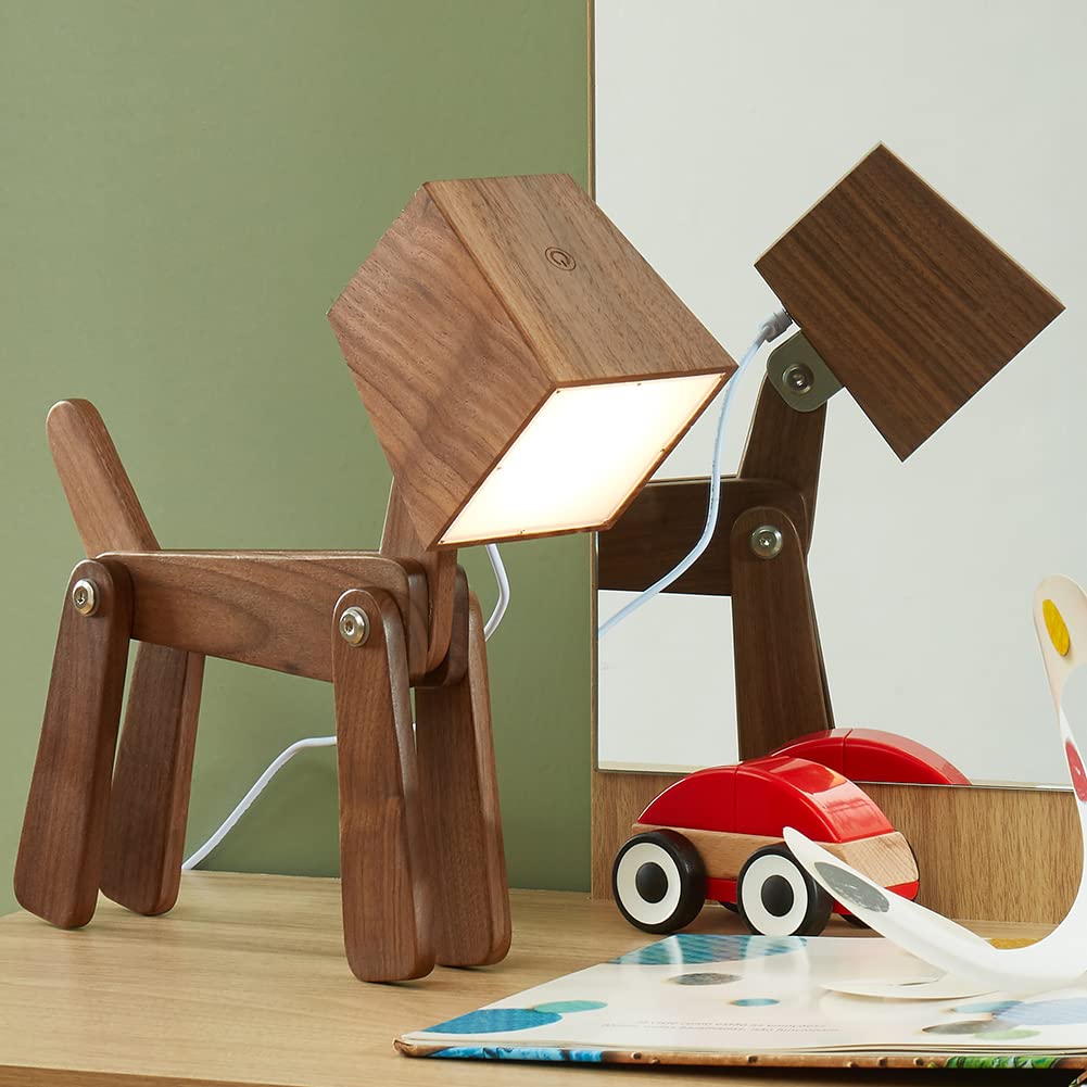 Hroome Super Cute Dog Table Lamp For Kids Room Bedroom Bedside - Dimmable Touch Control Wood Fun Unique Desk Lamp Warm White Light For Friends Boys Girls Dorm Farmhouse (Walnut Color)