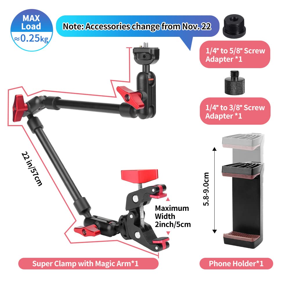 Jebutu 22" Magic Arm W Clamp Camera Mount, Adjustable Articulating Arm Friction Camera Boom Arm W 1/4" Thread, Overhead Camera Desk Phone Mount Clamp Stand For Tripod Light Webcam Mic Video Rig