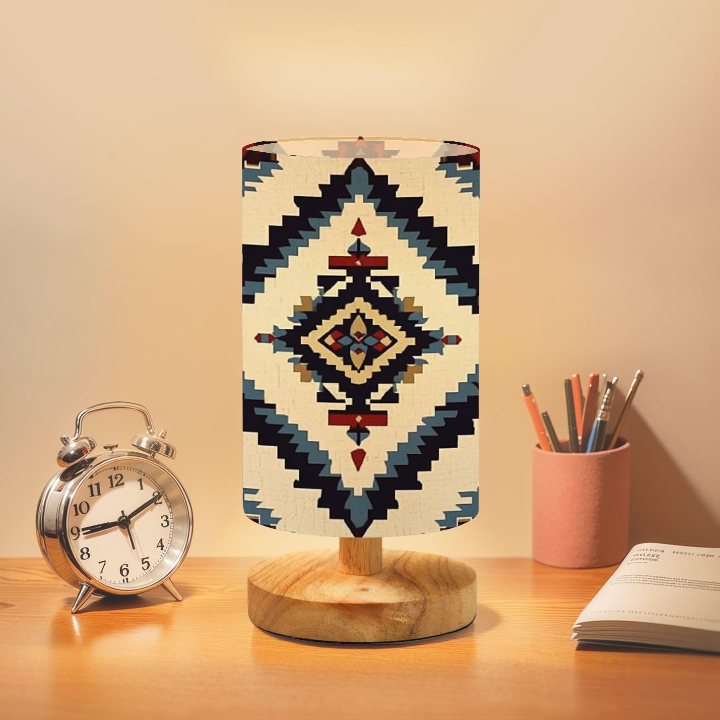 Bvcahsaw Bedside Table Lamp Seamless Navajo Aztec Mexican Native Tribal Fabric Pattern Geomatics Dimmable Desk Lamp With Flaxen Fabric Shade Wood Base Nightstand Lamp Small Lamp For Bedroom Living Room Home