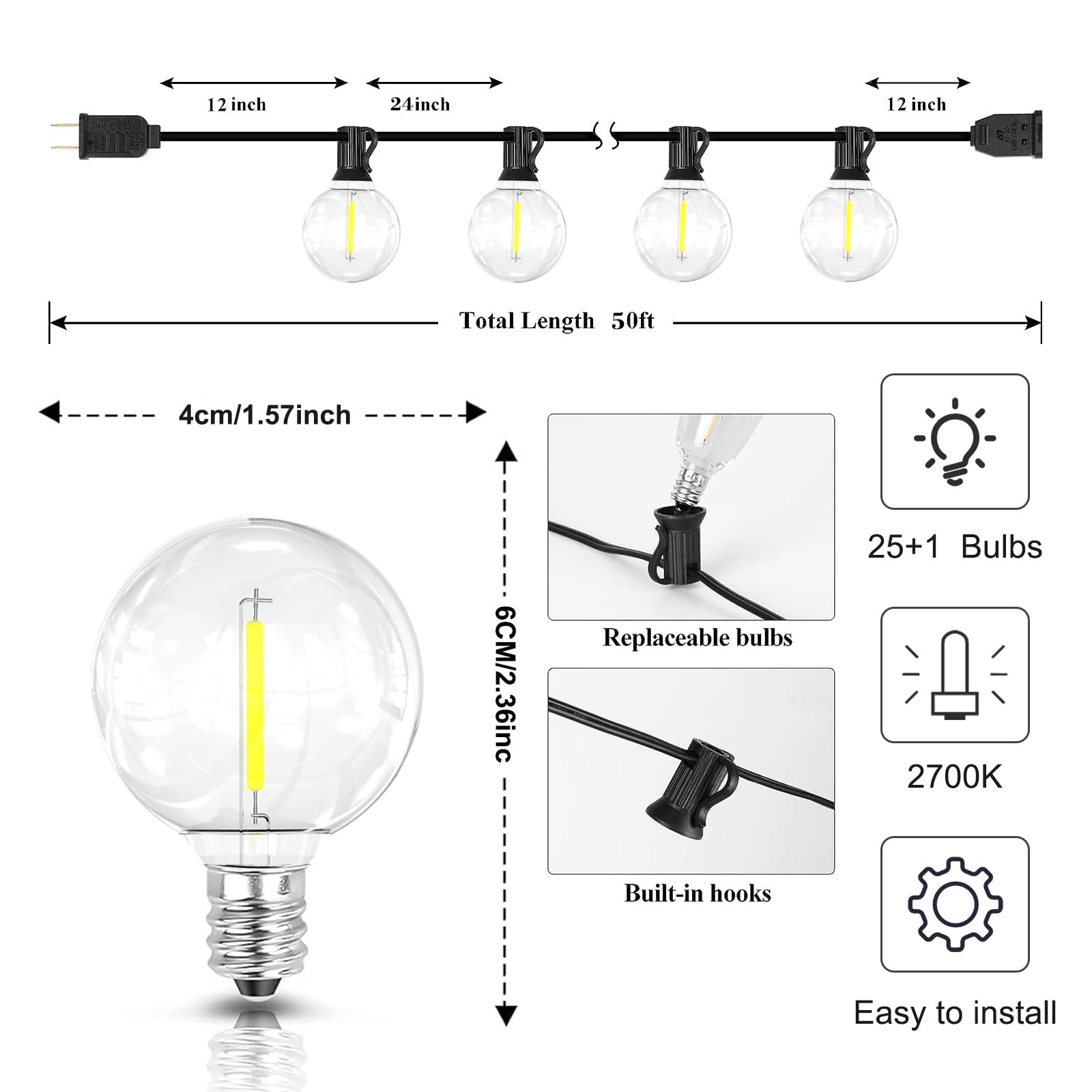 Quiltered Outdoor String Lights, 50Ft Patio Lights With (25+1)Shatterproof And Ip44 Waterproof Bulbs Connectable Hanging Lights For Party Tents, Backyard, Bistro, Balcony, Porch, Cafe, Deck