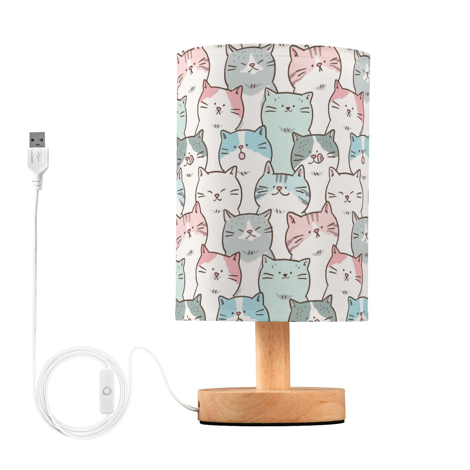 Bseiialft Funny Cats Animal Bedside Table Lamp Nightstand Lamp With Wood Base Night Light Linen Fabric Shade For Bedroom Living Room Nursery Office Desk