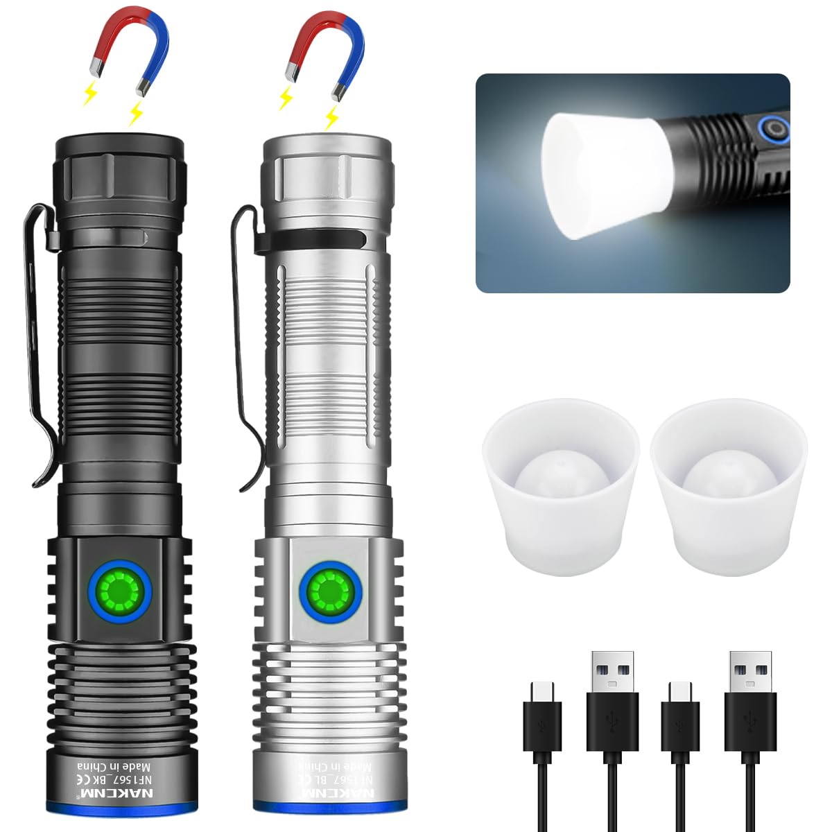 Nakcnm Rechargeable Flashlight 25000 Lumens 4 Modes Magnetic Led Flashlights High Lumens With Clip&Diffuser Flash Lights Lantern For Home Camping(Black&Silver)