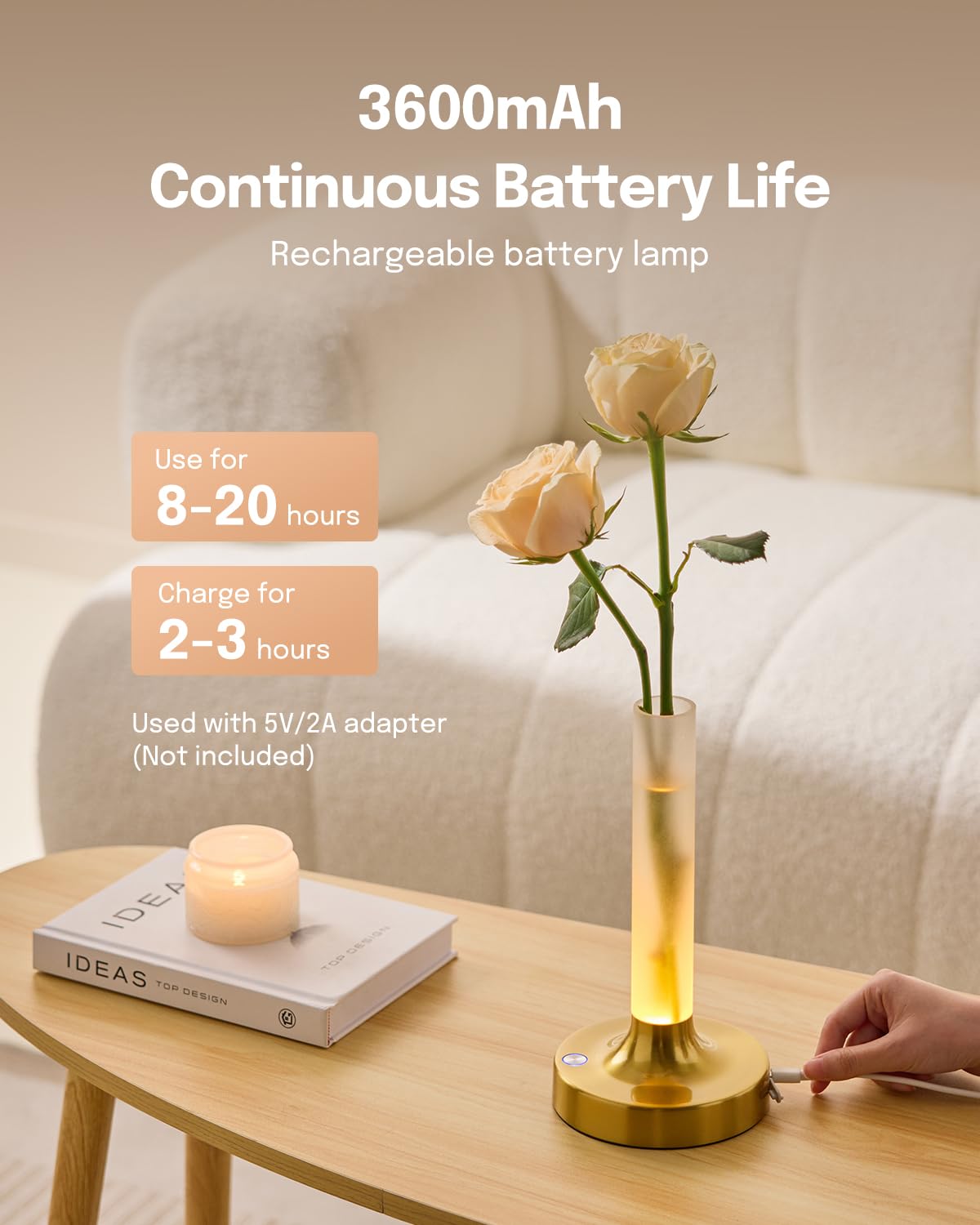 Lalavon Gold Flower Table Lamp, Rechargeable Cordless Touch Lamp With 3 Light Modes, Small Battery Operated Vase Lamp (Flower Not Included)