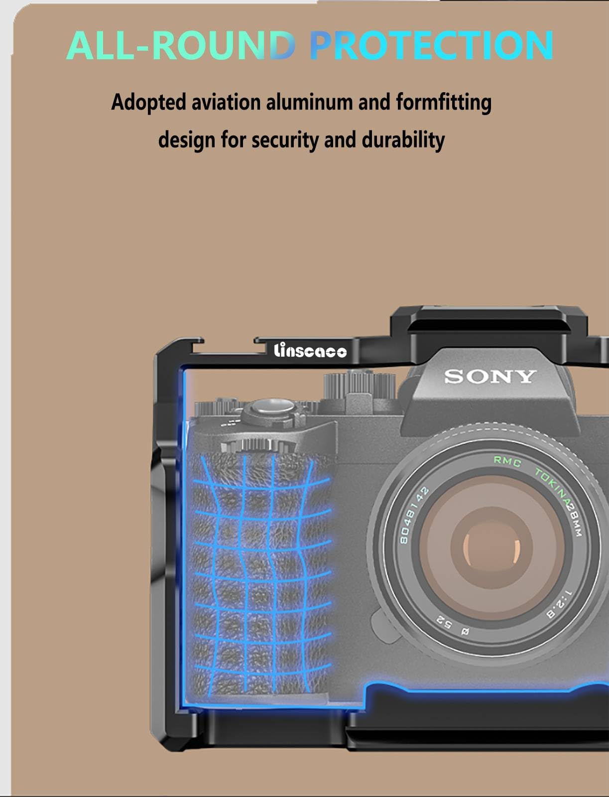 Linscaco Camera Cage For Sony Alpha 7 Iv/A7 Iii/A7 Ii/A7R Iii/A7R Ii, Video Stabilizer, Cold Shoe Mount, Multiple 1/4"-20 & 3/8"-16 Threaded Holes