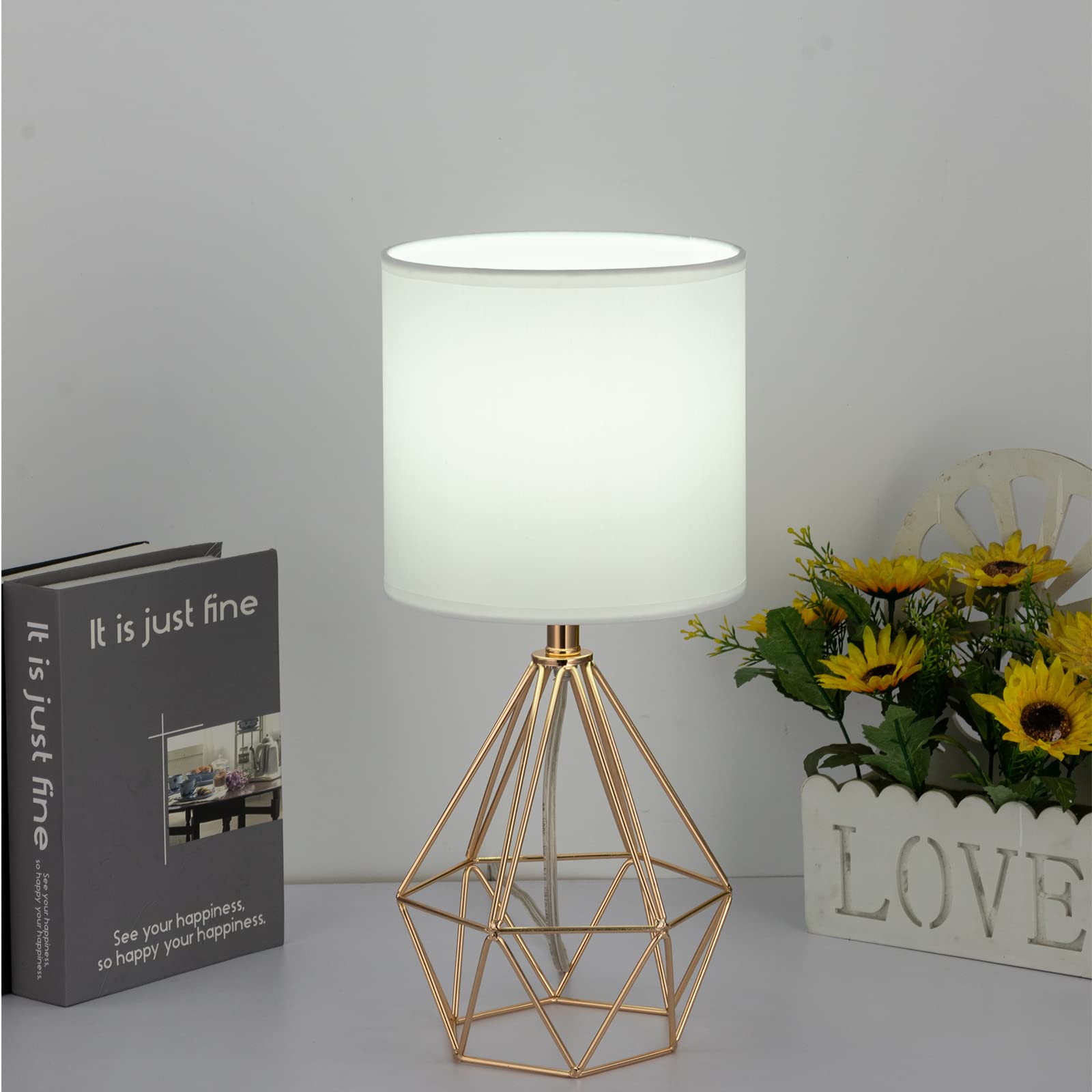 Sottae Gold Table Lamps Set Of 2, Small Gold End Table Lamp With White Fabric Shade,Bedside Nightstand Lamp With Geometric Metal Design,Modern Desk Lamp For Living Room Bedroom