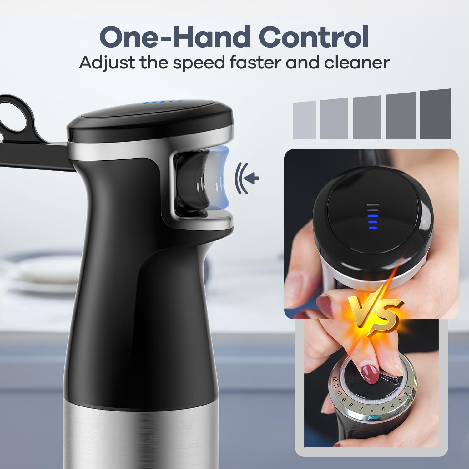Uniqus Hand Blender 5 In 1 Immersion Trigger Control Grip Stick Mixer With Chopper, Whisk, And Frother For Kitchen Blend With Ease And Convenience
