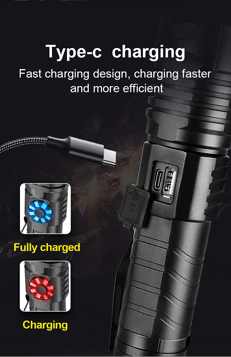 Junchi Super Bright Led Flashlight Usb Rechargeable,Xhp99 1200000 Lumens Tactical Flash Light With 4 Modes Stepless Dimming Zoomable Waterproof Powerful Handheld Torch For Camping Hiking Emergency