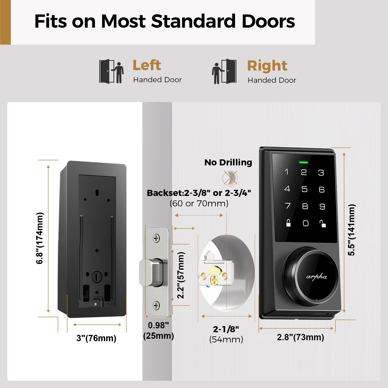 Arpha Keyless Entry Door Lock With 50 Codes, Electronic Keypad Deadbolt Lock With Auto-Lock, Code, Key, Smart Locks For Front Door Lock For Bedrooms, Offices & Apartments, Easy To Install, Black