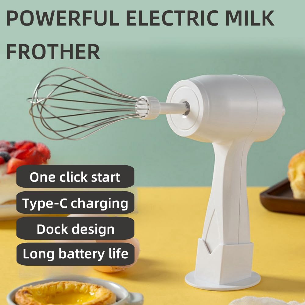 Taolivingmart Immersion Blender Handheld, Hand Blender Electric With Usb Rechargeable, Stainless Steel Blade Stick Blender With Whisk, For Coffee Latte,Hot Chocolate, Egg (White)