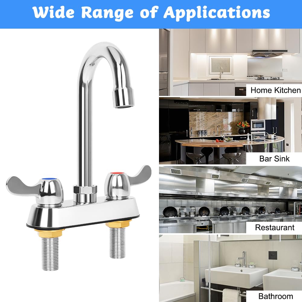 Tnroted 4 Inch Center Commercial Bar Sink Faucet With 3-1/2" Gooseneck Spout, Dual Lever Handles Deck Mount Bar Sink Faucet For Kitchen Laundry Restaurant, Brass Constructed