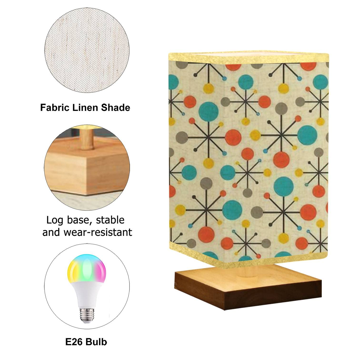 Svjklajfpi Square Bedside Table Lamp Mid Century Fifties Modern Atomic Retro Colors Seamless Wooden Base Fabric Shade Dimmable Nightstand Desk Lamp Living Room