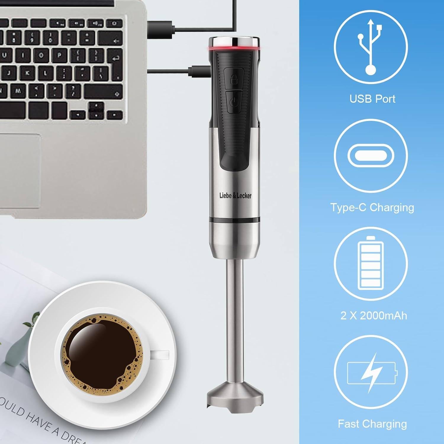 Sionne Portable Electric Immersion Hand Blender Stick Blender Rechargeable Cordless