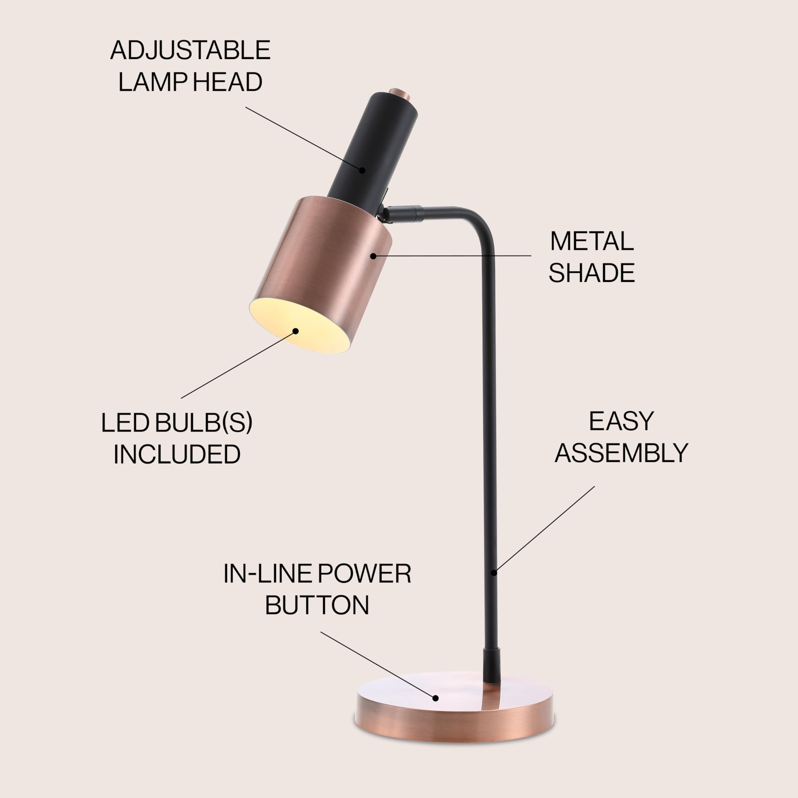Jonathan Y Jyl6101A Brady 22" Metal Led Task Table Lamp Contemporary,Transitional For Bedroom, Living Room, Office, College Dorm, Coffee Table, Bookcase, Copper/Black
