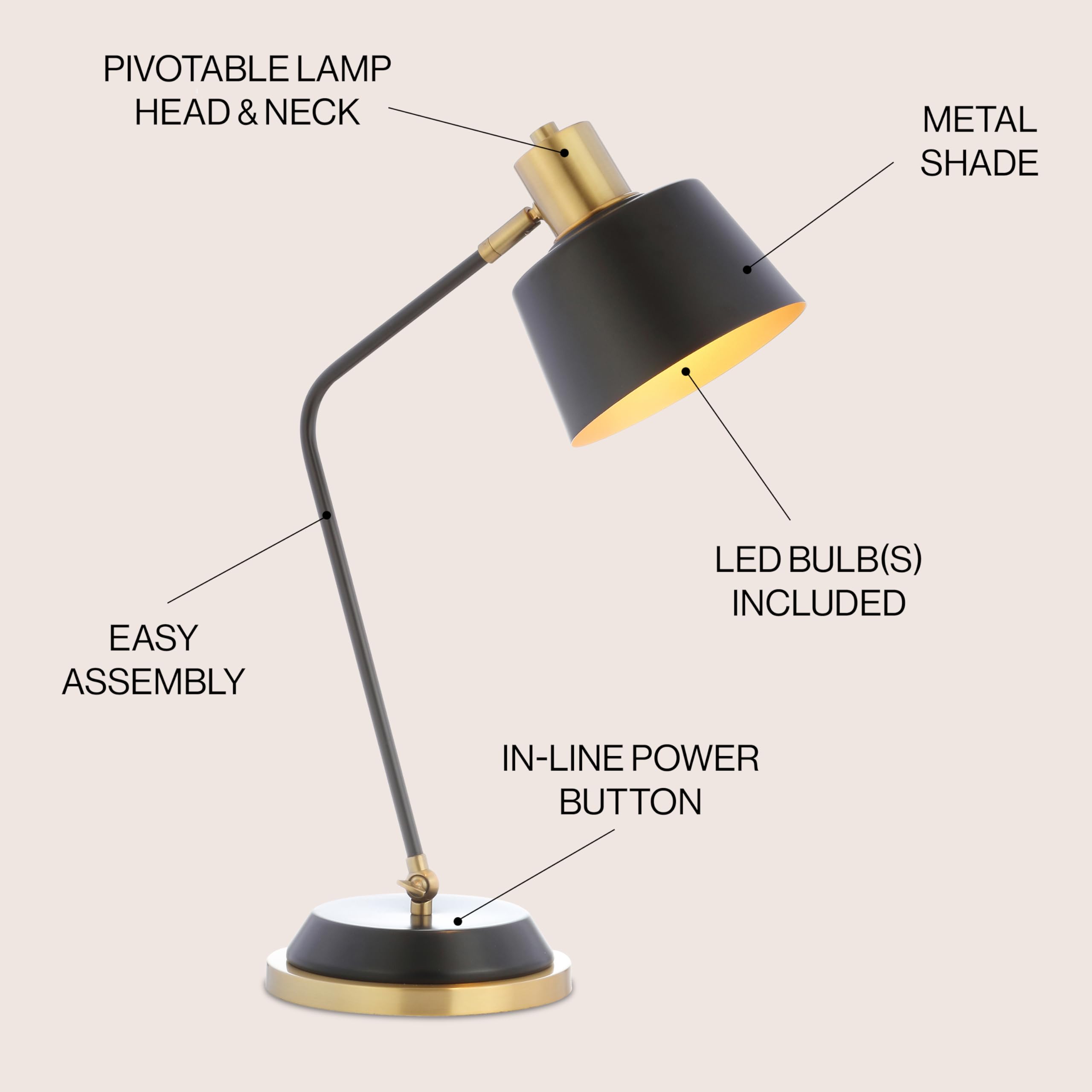 Jonathan Y Jyl6002A Rochelle 23" Metal Led Task Lamp Contemporary,Modern,Transitional For Bedroom, Living Room, Office, College Dorm, Coffee Table, Bookcase, Black/Brassgold