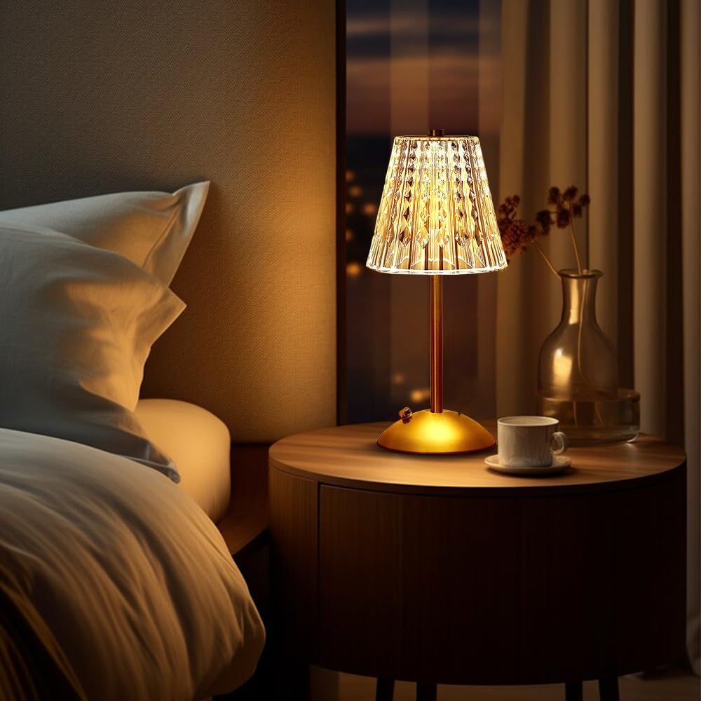 Hpufkot Portable Crystal Metal Desk Lamp,3-Color Touch Control, Rechargeable Battery - Ideal Bedside Lamp For Bedroom Nightstand (Metal Gold)