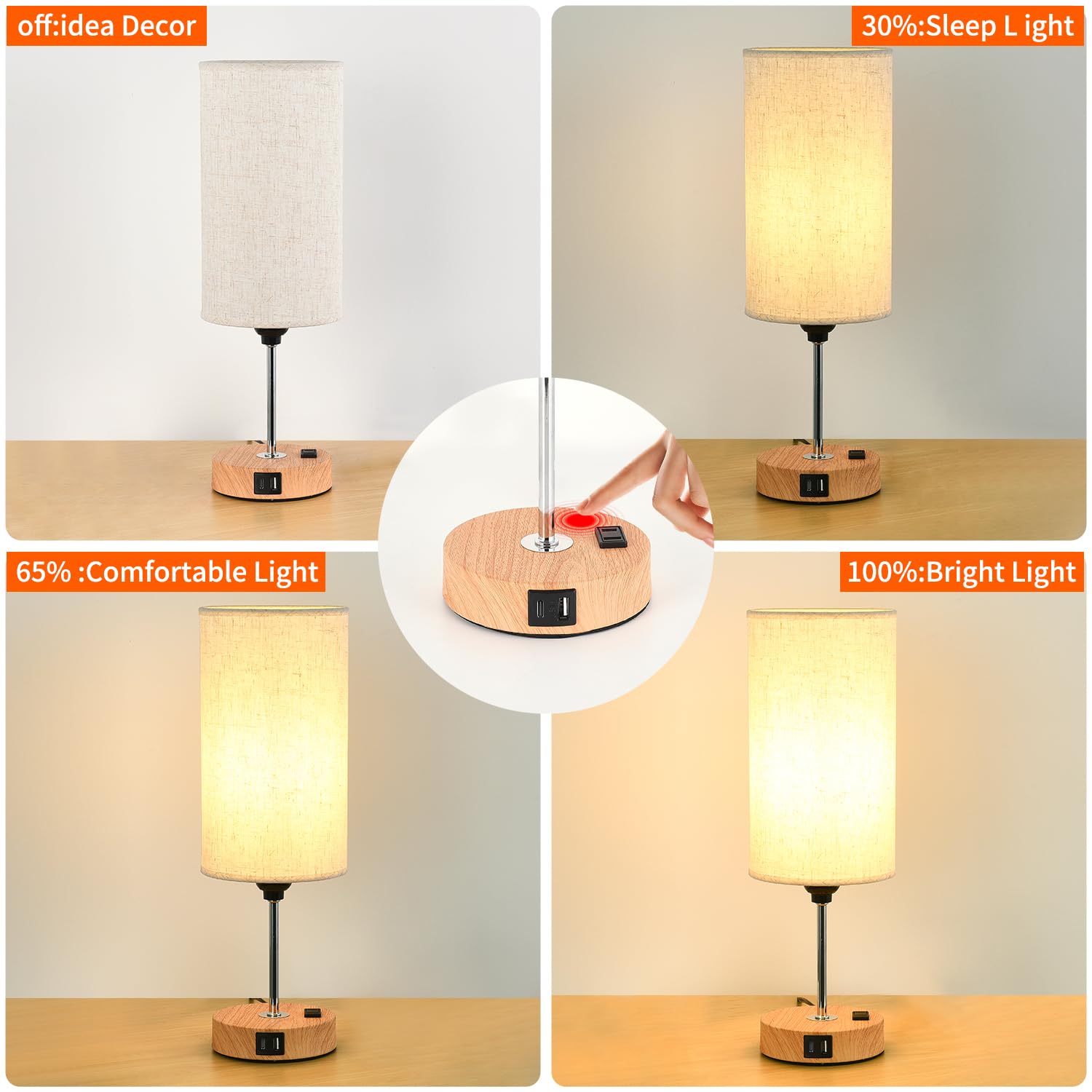 Xiaobei Bedside Table Lamp With Usb C Port - Touch Control For Bedroom Wood 3 Way Dimmable Nightstand Lamp With Round Flaxen Fabric Shade For Living Room, Dorm, Home Office, Led Bulb Included
