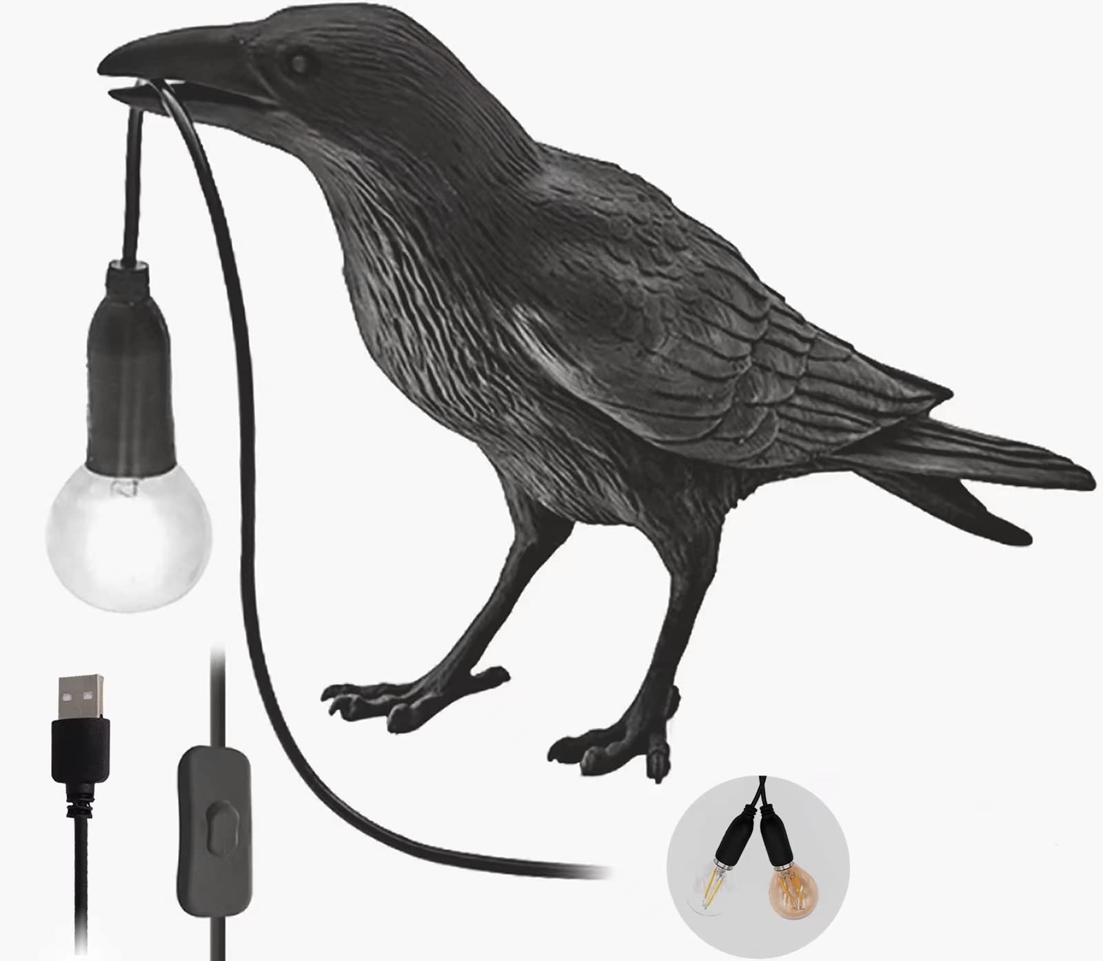 Cmartiris Gothic Crow Lamp - Cute Black Raven Desk Light With Usb Line, Unique Resin Halloween Crow For Table Decor, Gothic, Black, Bird, Art, Home, Living Room, Bedroom (2 Bulbs)