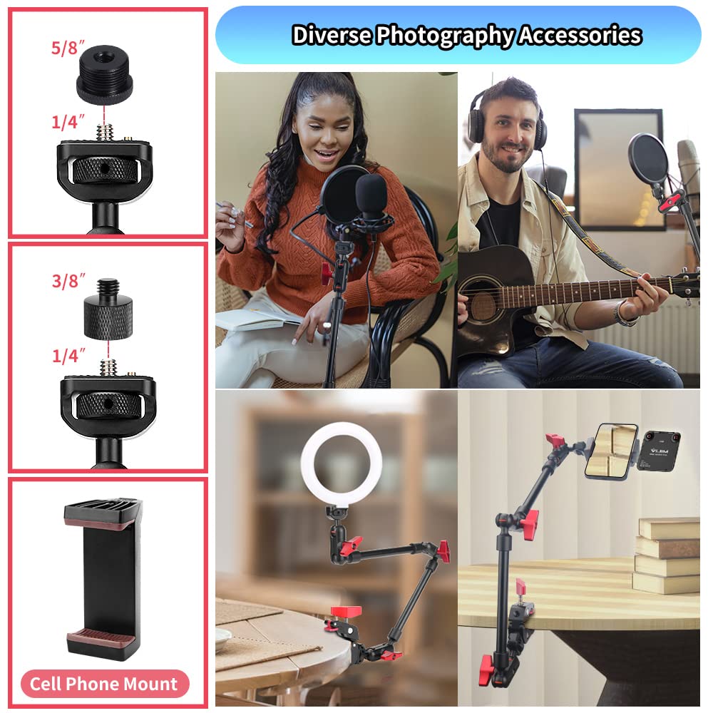 Jebutu 22" Magic Arm W Clamp Camera Mount, Adjustable Articulating Arm Friction Camera Boom Arm W 1/4" Thread, Overhead Camera Desk Phone Mount Clamp Stand For Tripod Light Webcam Mic Video Rig